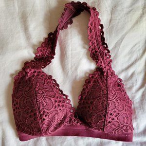 AEROPOSTALE LIVE LOVE DREAM BURGUNDY LACY HALTER NECK BRALETTE // size S